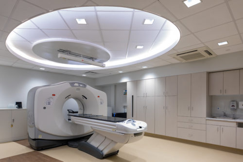 CT scanning equipment inside a portable healthcare facility